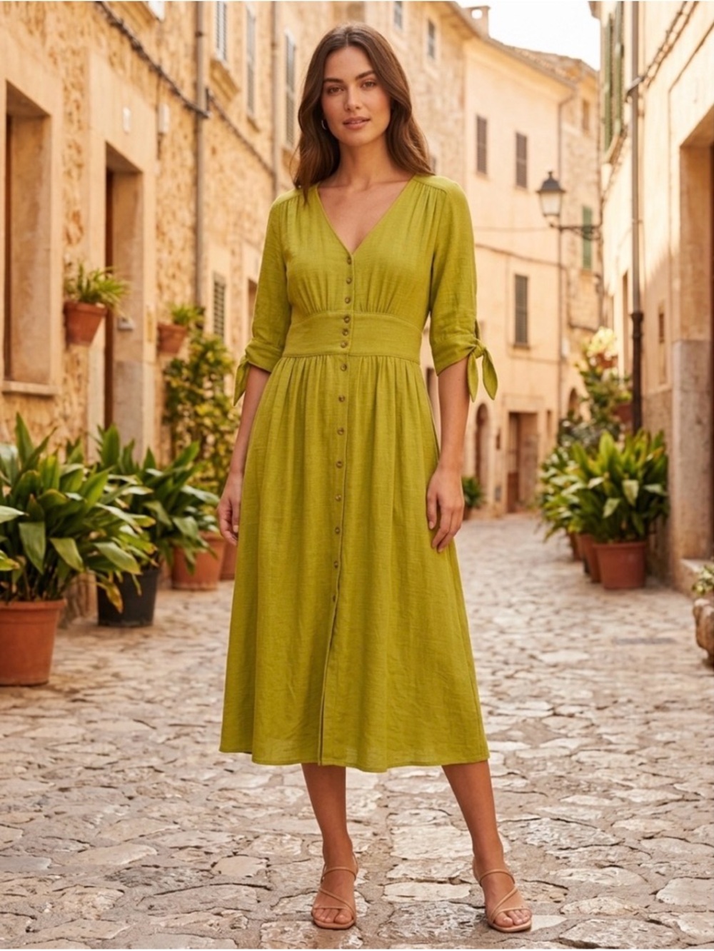 Ellison Citrine Green Button-Front Midi Dress Women’s Medium Nubby Cottagecore